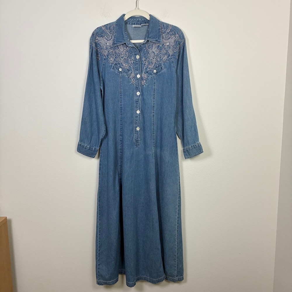 Vintage 90s Styleworks Denim Embroidered Western Maxi Dress Women's 10 Cowgirl